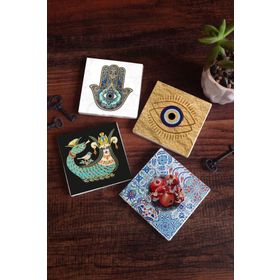 Pinecone SC507 Stone Coasters Nazar Şahmeran Nar Fatma Ana Eli Hamsa 4 Parça 10x10 cm Masaüstü Taş Bardak Altlığı