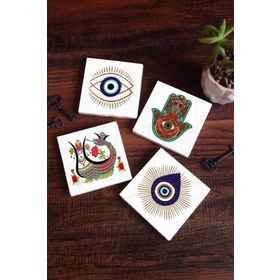 Pinecone SC512 Stone Coasters Nazar Şahmeran Fatma Ana Eli Hamsa 4 Parça 10x10 cm Masaüstü Taş Bardak Altlığı