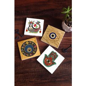Pinecone SC512 Stone Coasters Nazar Şahmeran Fatma Ana Eli Hamsa 4 Parça 10x10 cm Masaüstü Taş Bardak Altlığı