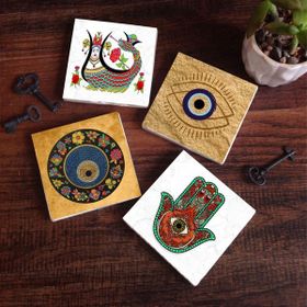Pinecone SC513 Stone Coasters Nazar Şahmeran Fatma Ana Eli Hamsa 4 Parça 10x10 cm Masaüstü Taş Bardak Altlığı
