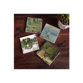 Pinecone SC530 4 Parça Set 10x10 cm Stone Coasters Monet Gül Çiçekli Kemer Kırda Öğle Yemeği İzlenim Gün Doğumu Nilüfer Gölü Taş Bardak Altlığı Masaüstü Koruyucu Altlık