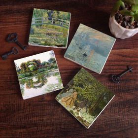 Pinecone SC530 4 Parça Set 10x10 cm Stone Coasters Monet Gül Çiçekli Kemer Kırda Öğle Yemeği İzlenim Gün Doğumu Nilüfer Gölü Taş Bardak Altlığı Masaüstü Koruyucu Altlık