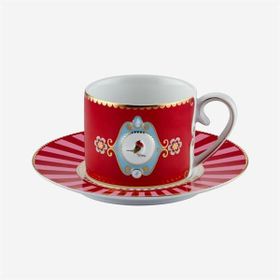 PIP STUDIO Love Birds Kırmızı Madalyon Desenli Kuşlu 125 ml Kahve Fincanı