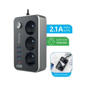 Piranha 3396 Akım Korumalı Uzatma Kablosu 3'lü 3 Usb'li Priz