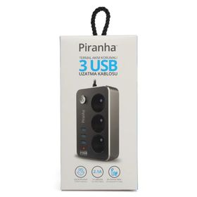 Piranha 3396 Akım Korumalı Uzatma Kablosu 3'lü 3 Usb'li Priz