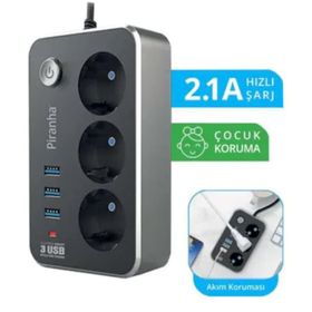 Piranha 3396 Akım Korumalı Uzatma Kablosu 3'lü 3 Usb'li Priz