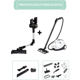 PiranTech ES411 Yüksek Emiş Güçlü Dikey Şarjlı Süpürge ve CB-107C Çok Fonksiyonlu Buharlı Temizlik Makinesi