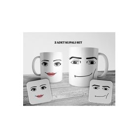 Pixxa Roblox Man Woman Face 2 Adet Kupa Bardak ve Bardak Altlığı Seti
