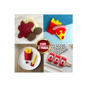 Playseba 27 Parça / 4 Set Fast Food Yiyecekler Eğitici Ekomix Keçe Oyun Seti El Yapımı Organik Oyuncaklar