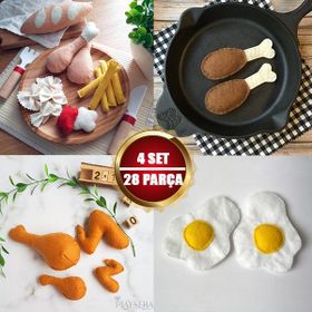 Playseba 28 Parça / 4 Set Tavuk Yemekleri Menüsü Eğitici Ekomix Keçe Oyun Seti El Yapımı Organik Oyuncak