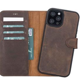 Plm G6 Apple iPhone 13 Pro Max Uyumlu Kahverengi Deri Cüzdanlı Kılıf