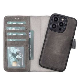 Plm MWWN VS4EF Apple iPhone 14 Pro Uyumlu Gri Deri Cüzdanlı Kılıf