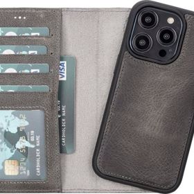 Plm MWWN VS4EF Apple iPhone 14 Pro Uyumlu Gri Deri Cüzdanlı Kılıf