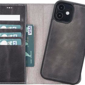 Plm VS4EF Apple iPhone 12 Pro Uyumlu Gri Deri Cüzdanlı Kılıf