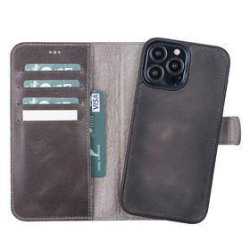 Plm VS4EF Apple iPhone 13 Pro Max Uyumlu Gri Deri Cüzdanlı Kılıf