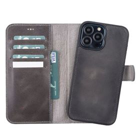 Plm VS4EF Apple iPhone 13 Pro Max Uyumlu Gri Deri Cüzdanlı Kılıf