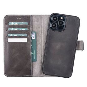Plm VS4EF Apple iPhone 13 Pro Max Uyumlu Gri Deri Cüzdanlı Kılıf