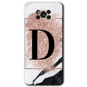 Poco X3 NFC Pembe Mermer Desenli D Harfi Baskılı Uyumlu Silikon Kılıf