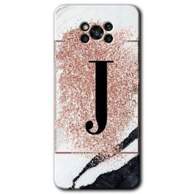 Poco X3 NFC Pembe Mermer Desenli J Harfi Baskılı Uyumlu Silikon Kılıf