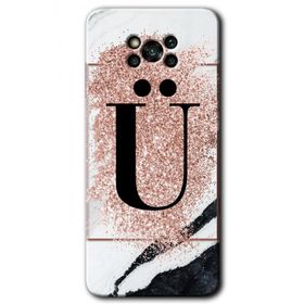 Poco X3 NFC Pembe Mermer Desenli U Harfi Baskılı Uyumlu Silikon Kılıf
