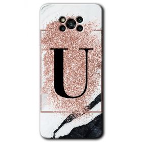 Poco X3 NFC Pembe Mermer Desenli U Harfi Baskılı Uyumlu Silikon Kılıf