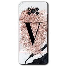 Poco X3 NFC Pembe Mermer Desenli V Harfi Baskılı Uyumlu Silikon Kılıf