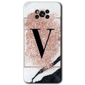 Poco X3 NFC Pembe Mermer Desenli V Harfi Baskılı Uyumlu Silikon Kılıf