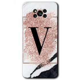 Poco X3 NFC Pembe Mermer Desenli V Harfi Baskılı Uyumlu Silikon Kılıf