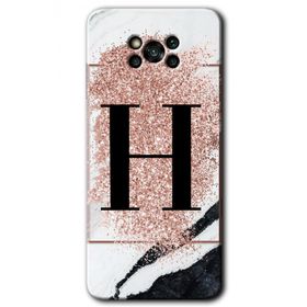 Poco X3 Pro Pembe Mermer Desenli H Harfi Baskılı Uyumlu Silikon Kılıf