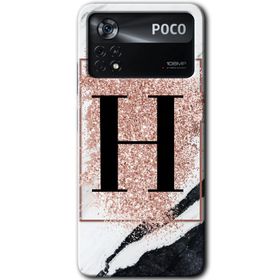 Poco X4 Pro Pembe Mermer Desenli H Harfi Baskılı Uyumlu Silikon Kılıf