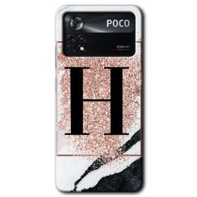 Poco X4 Pro Pembe Mermer Desenli H Harfi Baskılı Uyumlu Silikon Kılıf