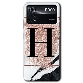 Poco X4 Pro Pembe Mermer Desenli H Harfi Baskılı Uyumlu Silikon Kılıf