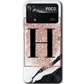 Poco X4 Pro Pembe Mermer Desenli H Harfi Baskılı Uyumlu Silikon Kılıf