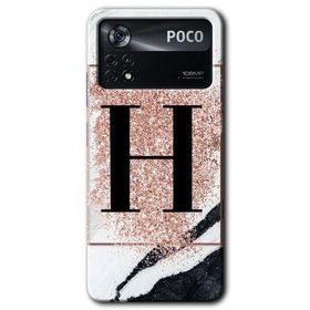 Poco X4 Pro Pembe Mermer Desenli H Harfi Baskılı Uyumlu Silikon Kılıf