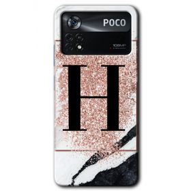 Poco X4 Pro Pembe Mermer Desenli H Harfi Baskılı Uyumlu Silikon Kılıf