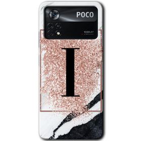 Poco X4 Pro Pembe Mermer Desenli İ Harfi Baskılı Uyumlu Silikon Kılıf
