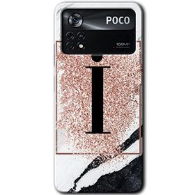Poco X4 Pro Pembe Mermer Desenli İ Harfi Baskılı Uyumlu Silikon Kılıf