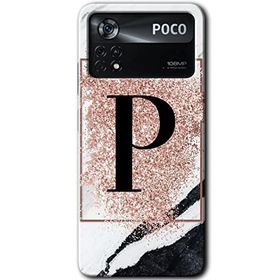 Poco X4 Pro Pembe Mermer Desenli P Harfi Baskılı Uyumlu Silikon Kılıf