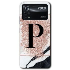 Poco X4 Pro Pembe Mermer Desenli P Harfi Baskılı Uyumlu Silikon Kılıf