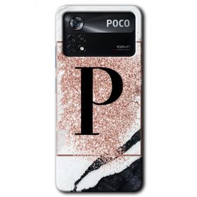 Poco X4 Pro Pembe Mermer Desenli P Harfi Baskılı Uyumlu Silikon Kılıf