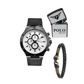 Polo 4593 Hasırlı Erkek Takım Kol Saati Çakmak Ve Bileklik Hediyeli