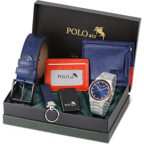 Polo Air PL-0916E2 Erkek Kol Saati Cüzdan Kemer Kartlık Anahtarlık Çakmak Kombin Bakır Gümüş Lacivert Set