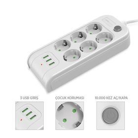 PoloSmart 6'lı 2 m MP10 Termal Akım Korumalı Uzatma Kablosu