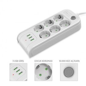 PoloSmart 6'lı 2 m MP10 Termal Akım Korumalı Uzatma Kablosu