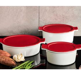 Porland Cookland Isıya Dayanıklı 6 Parça Porselen Kırmızı Kapaklı Tencere Takım