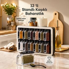 Porsima 0440 Standlı 12'li Kendinden Yapışkanlı Kaşıklı Kapaklı Siyah Beyaz Baharatlık Takımı