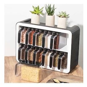 Porsima 0440 Standlı 12'li Kendinden Yapışkanlı Kaşıklı Kapaklı Siyah Beyaz Baharatlık Takımı