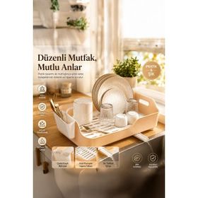 Porsima AKL-060 Bej Lüks Tabaklık Bulaşıklık Yönlendirilebilir Su Akıtma Kanallı Bulaşık Sepeti