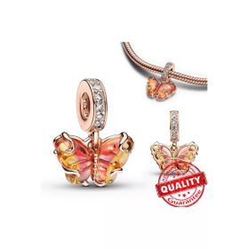 Poseidons Jewellery Pembe Ve Sarı Murano Camı Tarz Kelebek Sallantılı Charm