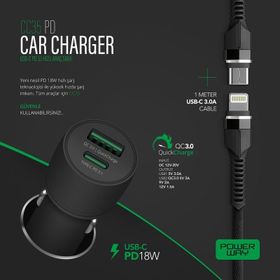 Powerway PD20W CC35 3100 Amper Type-C To Lighting Hızlı Şarj Yeni Nesil Araç Şarj Seti